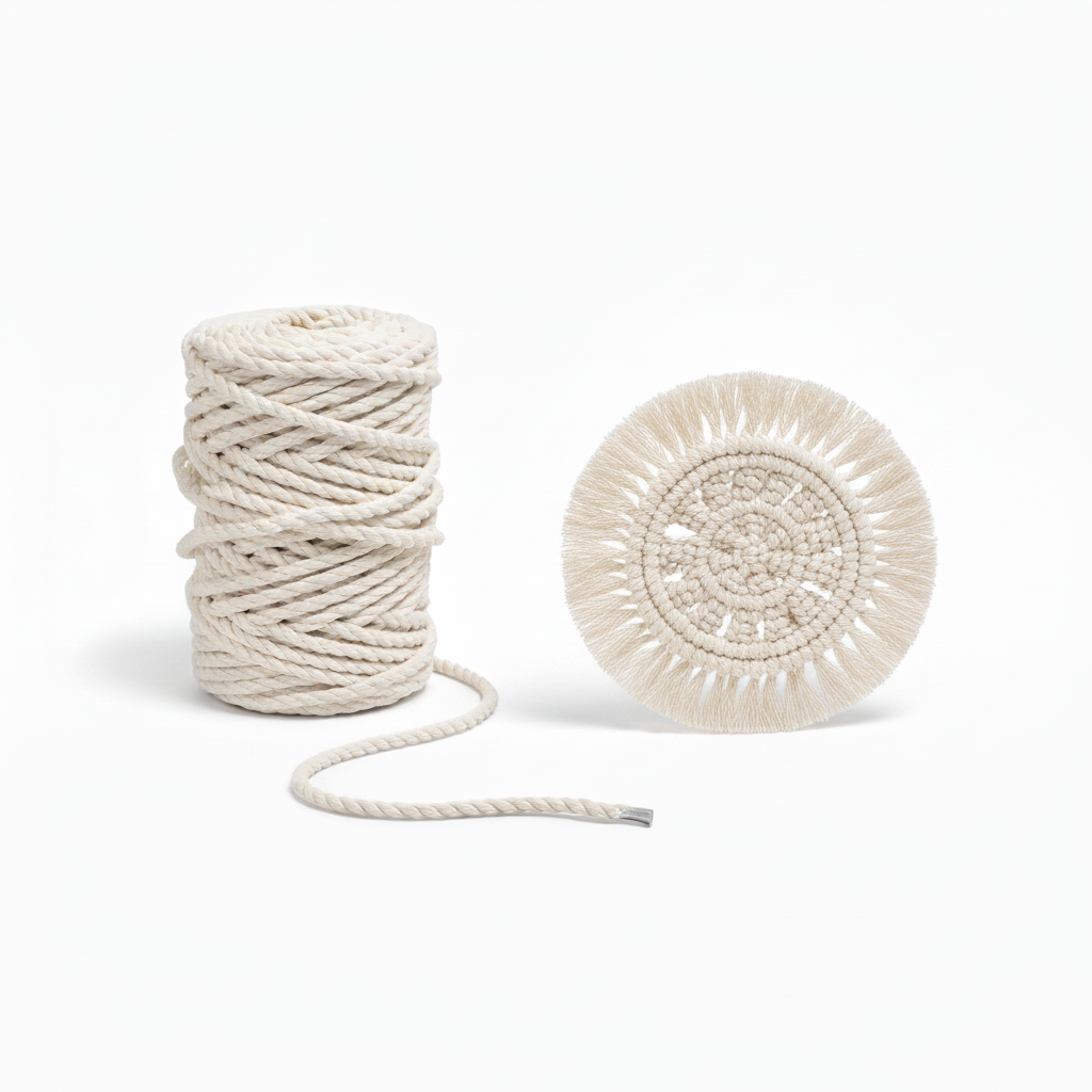 Hilo con portavasos de macramé de frente